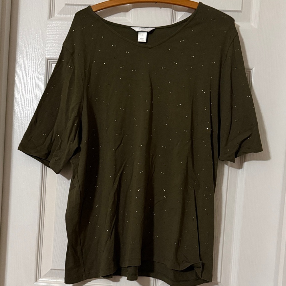 CJ Banks Olive Green Short Sleeve Top with Subtle sparkly Embellishments